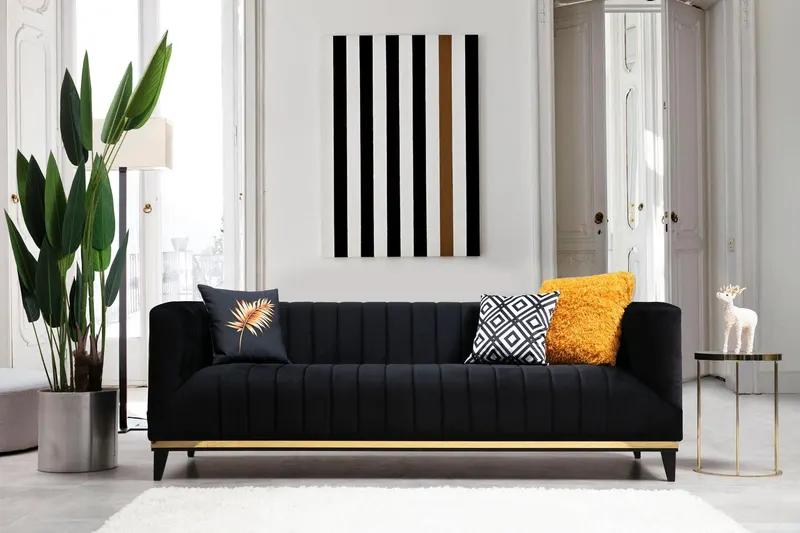 Canapea Fixa cu 3 Locuri Lux Willy, 222 x 75 x 89 cm - Negru