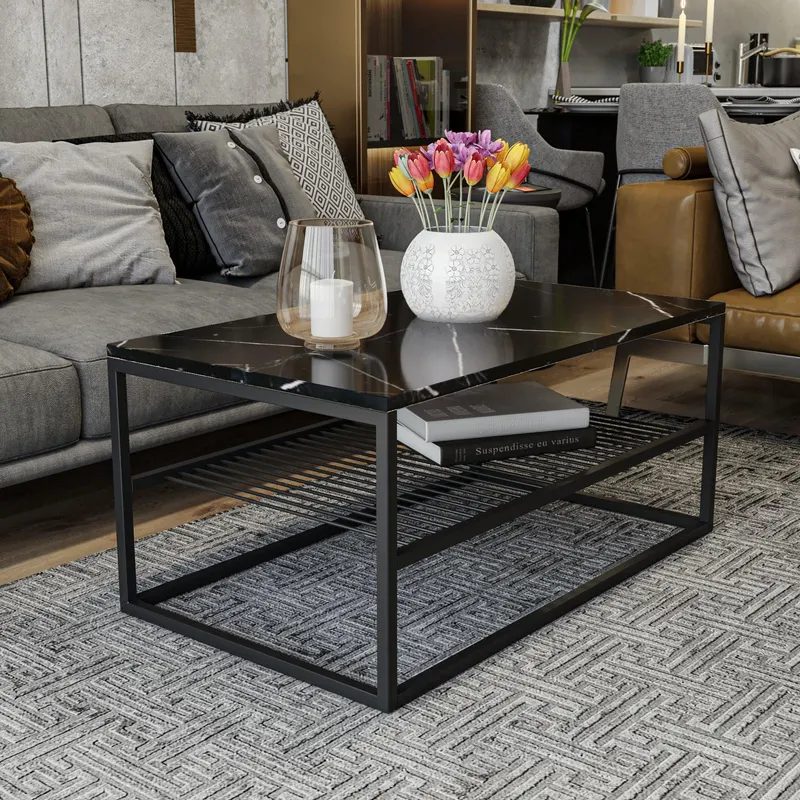 Masuta de cafea Melike, Stejar - Alb - Negru, 95 x 43 x 55 cm - Negru