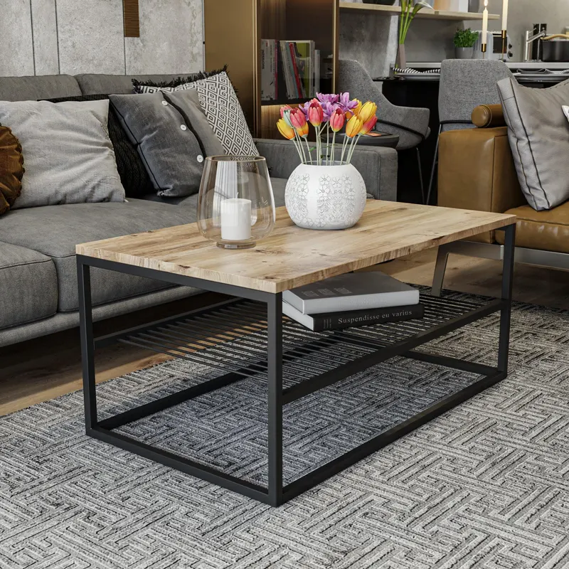 Masuta de cafea Melike, Stejar - Alb - Negru, 95 x 43 x 55 cm - Stejar