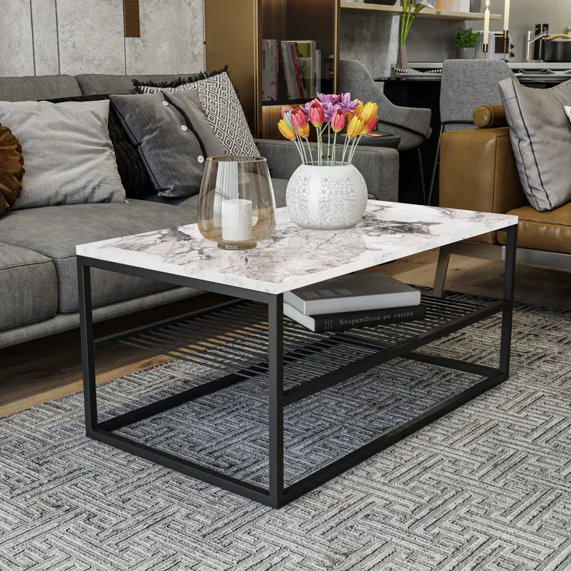 Masuta de cafea Melike, Stejar - Alb - Negru, 95 x 43 x 55 cm - Alb