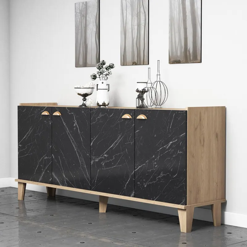 Comoda Living Sumer H3030, Stejar / Marmura / Alb - Negru