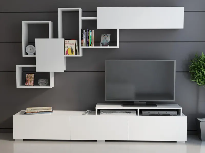 Comoda TV Tovog cu usi si rafturi, Alb, 210x35x30 cm - Alb