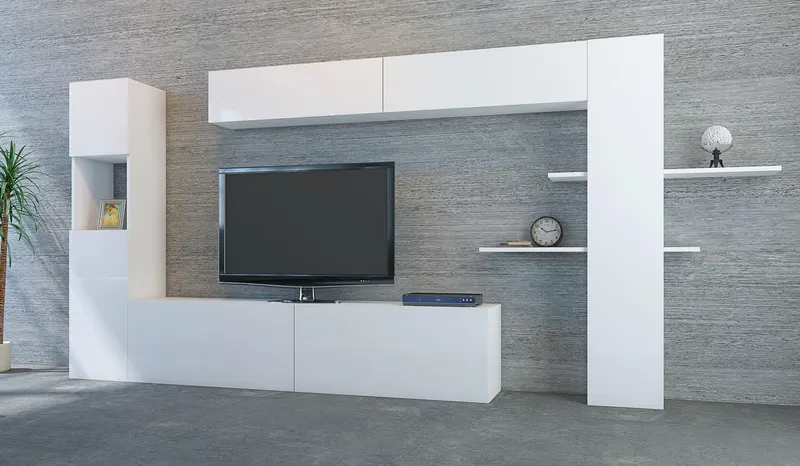 Comoda Tv Irfan Modern Stylecu dulapuri si rafturi, Alb, 215 x150 x 32 cm - Alb