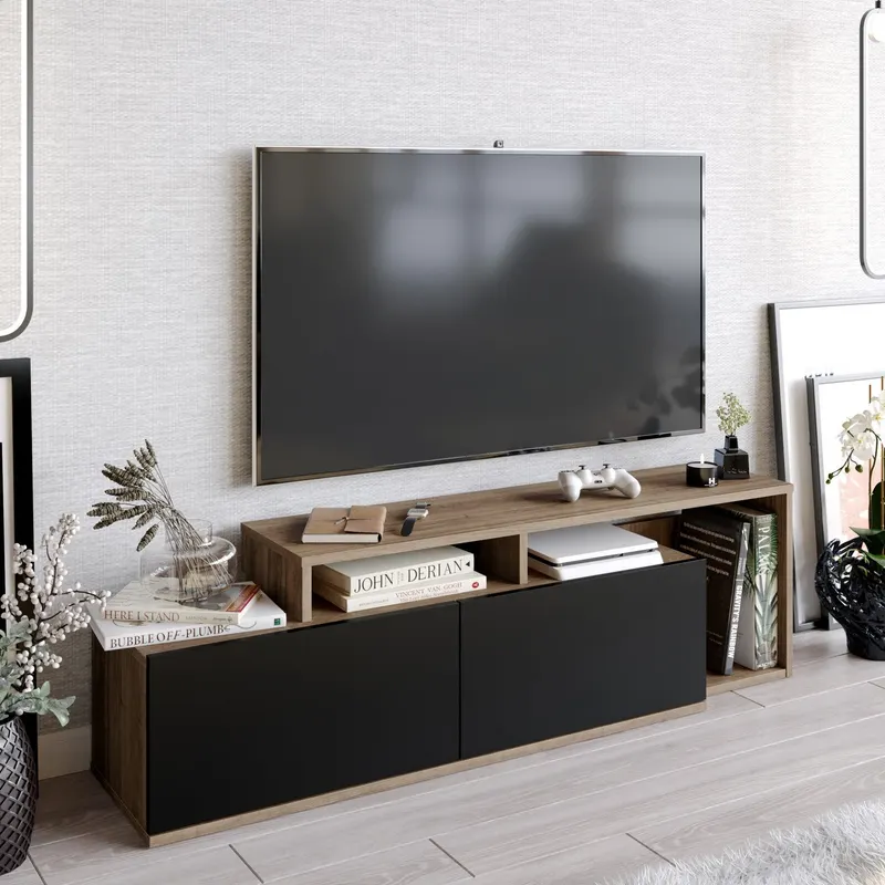 Comoda Tv Getir cu 2 usi si rafturi modern, Nuc, 150 x 43 x 35 cm - Nuc