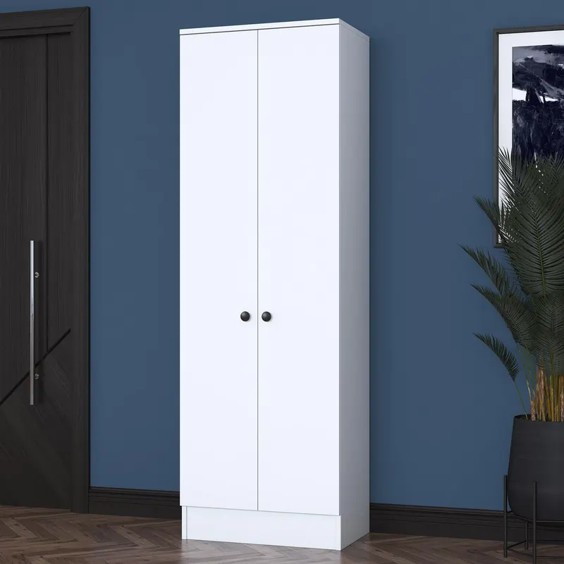 Cuier cu pantofar Mina cu 2 usi, Alb - Nuc, 60 x 183 x 38 cm - Alb