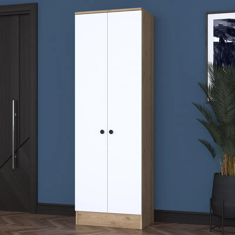 Cuier cu pantofar Mina cu 2 usi, Alb - Nuc, 60 x 183 x 38 cm - Maro