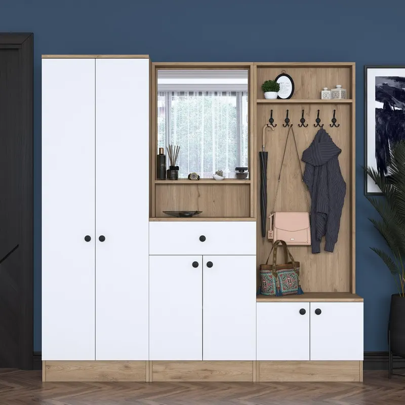 Cuier cu pantofar Muller cu oglinda si 6 usi si sertar, Alb, 180 x 183 x 38 cm - Alb