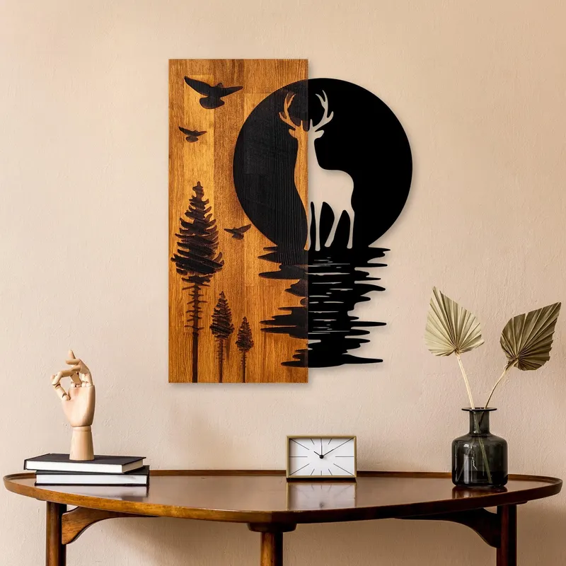 Decoratiune de perete lemn Deer and Moon, Nuc, 43x58x3 cm - Nuc