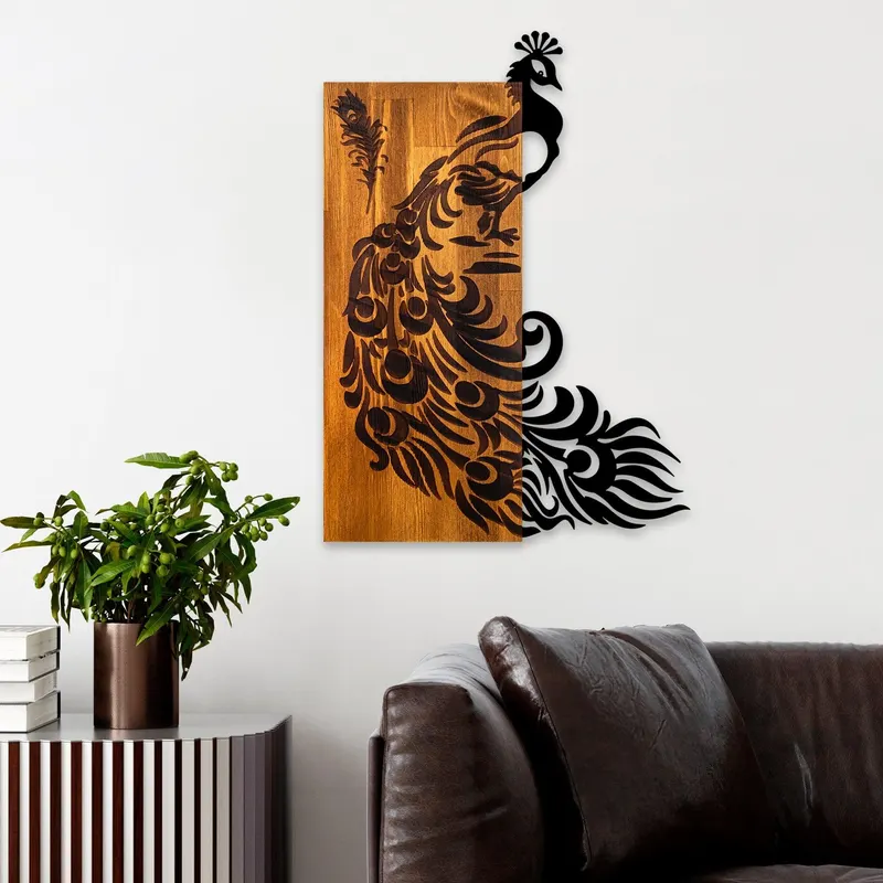 Decoratiune de perete lemn Peacock, Nuc, 47x65x3 cm - Nuc