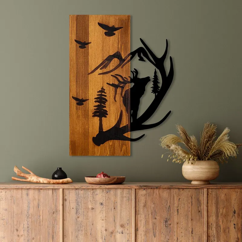 Decoratiune de perete lemn Deer and Mountain, Nuc, 43x58x3 cm - Nuc