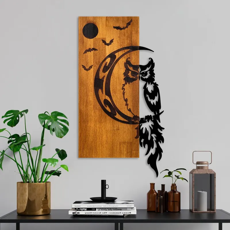 Decoratiune de perete lemn Owl, Nuc, 36x66x3 cm - Nuc
