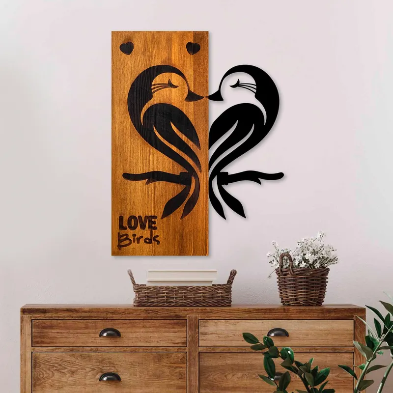 Decoratiune de perete lemn Love Birds 5, Nuc, 45x58x3 cm - Nuc
