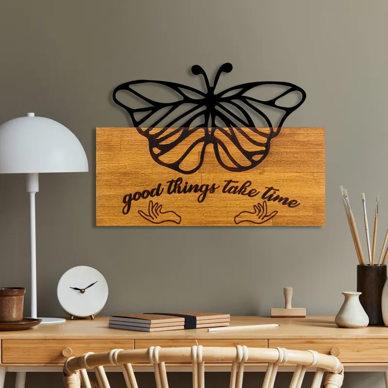 Decoratiune de perete lemn Butterfly 5, Nuc, 58x42x3 cm - Nuc