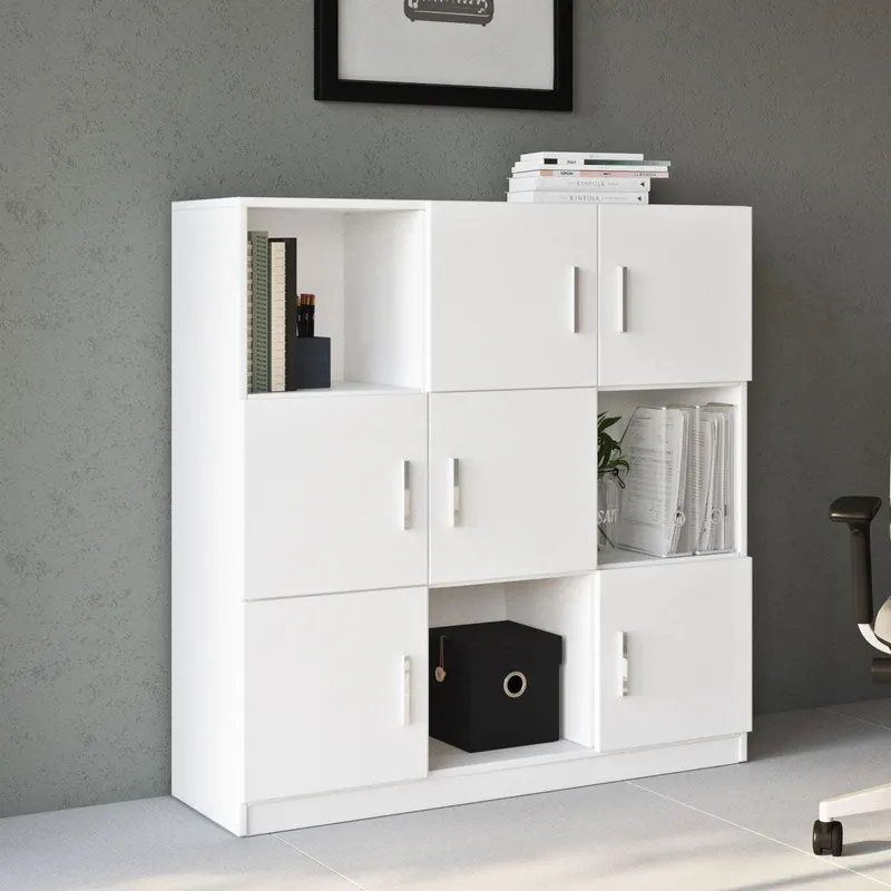 Dulap Multifunctional Birou Dormitor Zappu cu 6 Usi, Alb - Negru - Gri, 120 x 122 x 38 cm - Alb