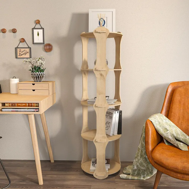 Biblioteca Yuvar Rotund cu 5 Rafturi, Stejar, 39 X 138 X 39 Cm - Stejar