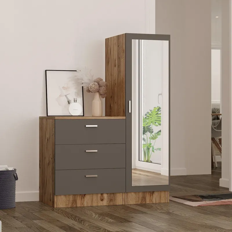 Dulap Haine pentru Casa Frame A Oligo cu Oglinda si 3 sertare, Alb - Gri  - Nuc (diverse dimensiuni) - Gri