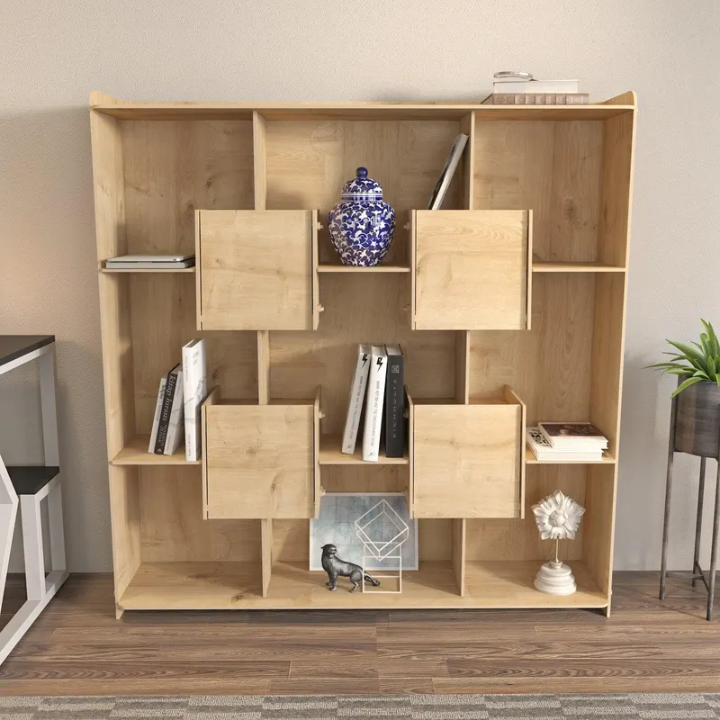Biblioteca Papito, 9 Rafturi si 4 Compartimente, Stejar, 137 X 138 X 27 Cm - Stejar