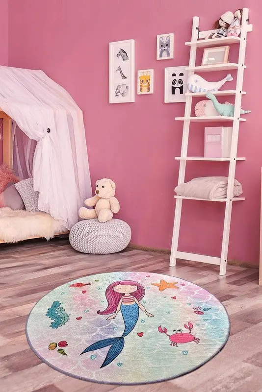 Covor de Copii Rotund Mermaid, Multicolor, 140x140 cm - Multicolor / 140 x 140