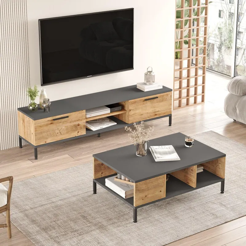 Set Mobila Sufragerie New York, Gri - Stejar, Comoda Tv si Masuta Sufragerie - Stejar