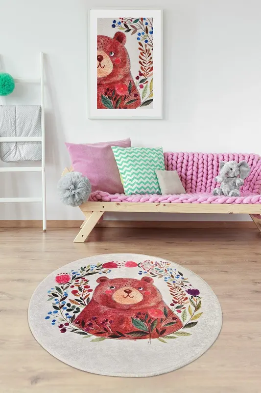 Covor de Copii Rotund Panda Rosu, Multicolor, 140x140 cm - Multicolor / 140 x 140