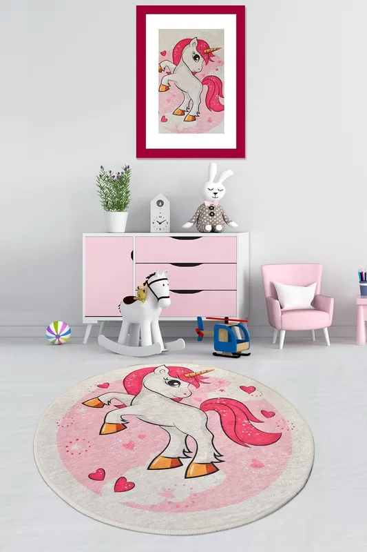 Covor de Copii Rotund Poni, Roz, 140x140 cm - Roz / 140 x 140