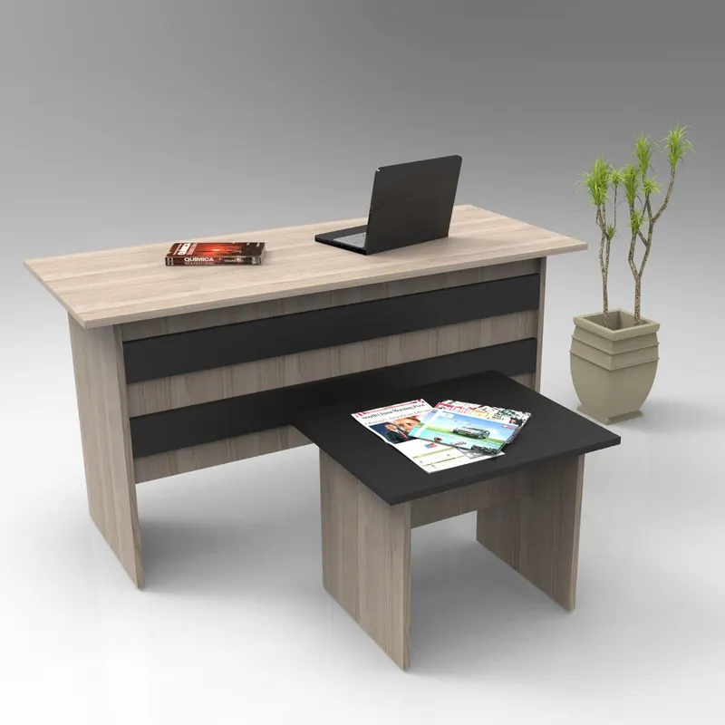Set de mobilier de birou Serdar, Alb - Nuc - Stejar, Birou - Masuta - Stejar