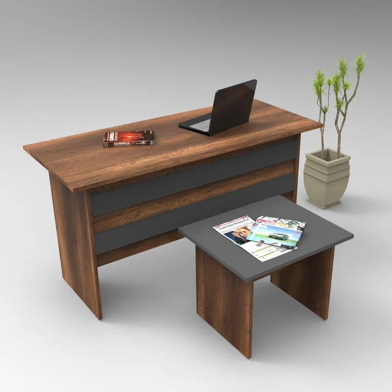 Set de mobilier de birou Serdar, Alb - Nuc - Stejar, Birou - Masuta - Nuc