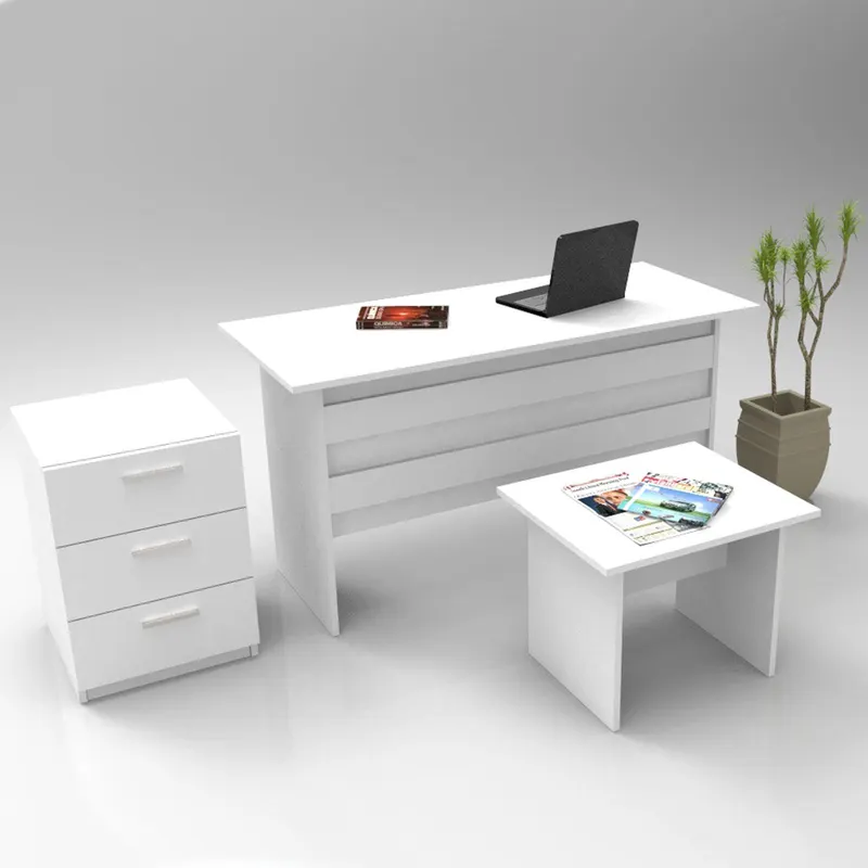 Set de mobilier de birou Hurchis, Alb - Nuc - Stejar, 3 Piese, Birou - Rollbox - Masuta - Alb
