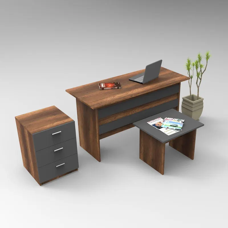 Set de mobilier de birou Hurchis, Alb - Nuc - Stejar, 3 Piese, Birou - Rollbox - Masuta - Stejar