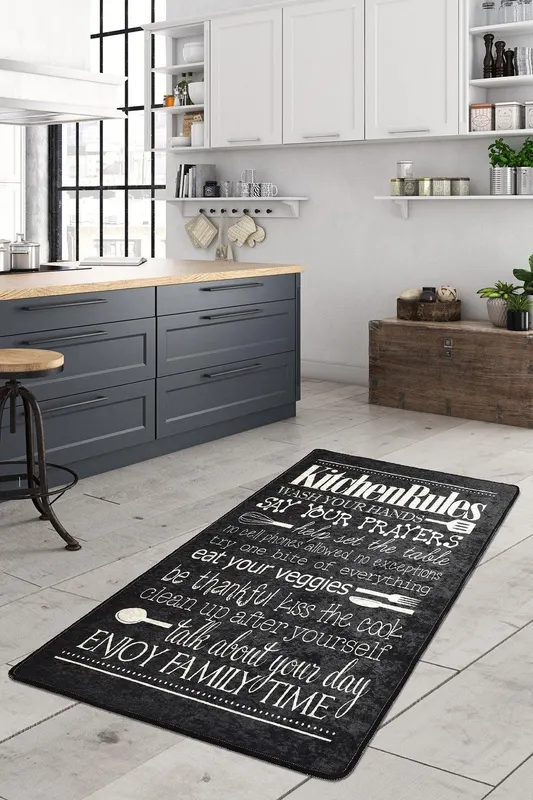 Covor de Bucatarie Kitchen Rules, Lavabil, Antiderepant, Negru, 80x150 cm - Negru / 80 x 150