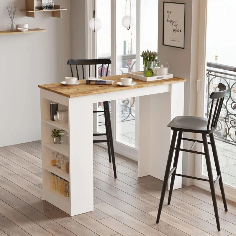 Masa Bucatarie Bar multifunctionala Wallo, Gri - Stejar - Alb - Negru, 120 x 102 x 52 cm - Lemn Natural