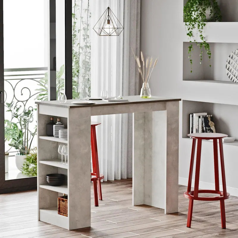 Masa Bucatarie Bar multifunctionala Wallo, Gri - Stejar - Alb - Negru, 120 x 102 x 52 cm - Crem
