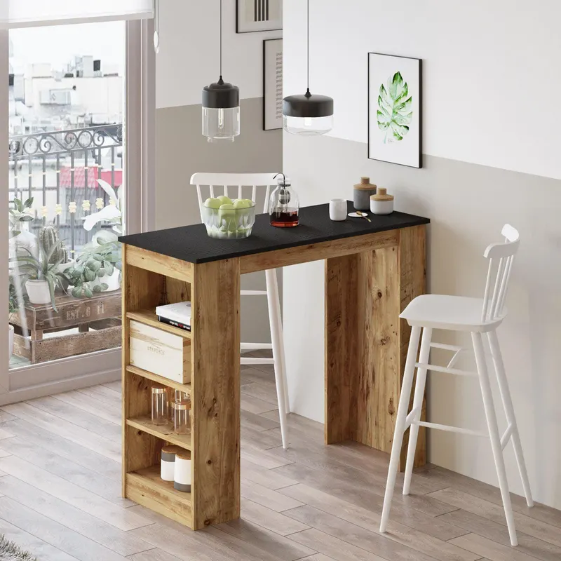 Masa Bucatarie Bar multifunctionala Wallo, Gri - Stejar - Alb - Negru, 120 x 102 x 52 cm - Negru