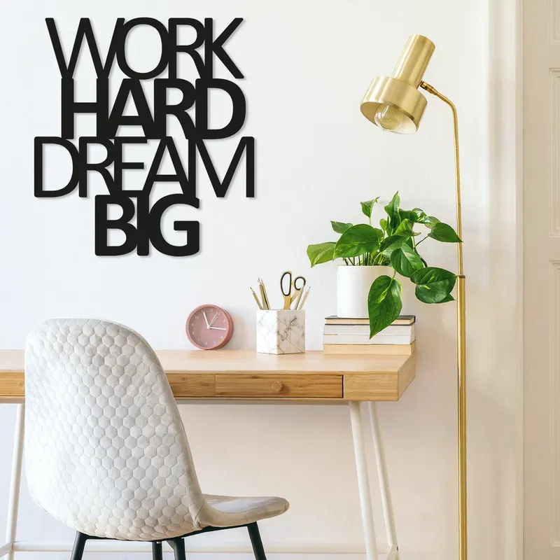 Decoratiune de perete Metal Work Hard Dream Big, 70x1x65 cm - Negru