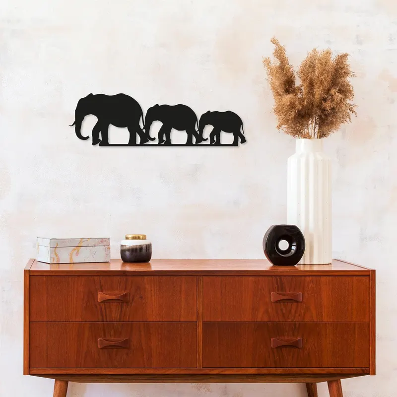 Decoratiune de perete Metal Elephants, Negru, 50x1x15 cm - Negru