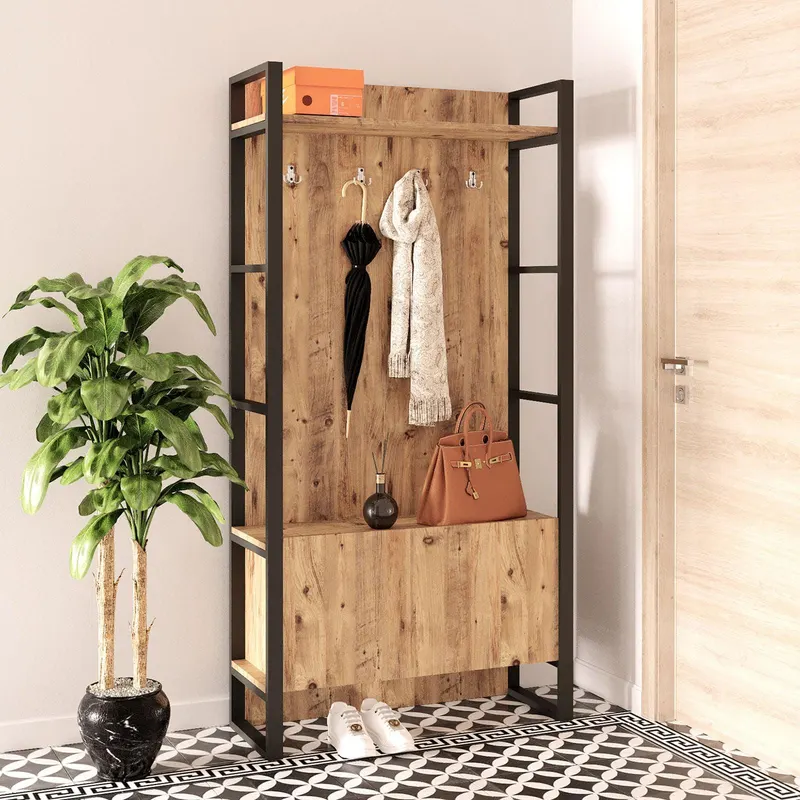 Cuier cu pantofar cadru metal, Stejar, 90 x 180 x 34 cm - Stejar