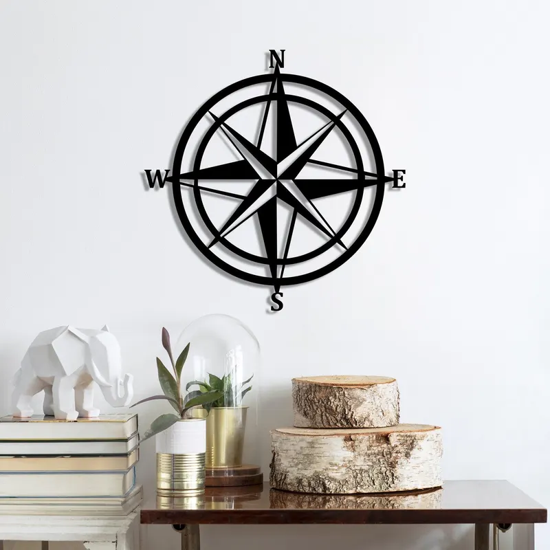 Decoratiune de perete Metal Compass, Negru, 55x1x55 cm - Negru