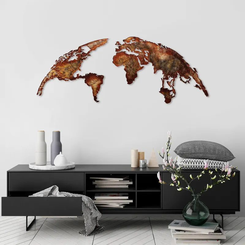 Decoratiune de perete Metal World Map Large2, Cupru, 59x1x150 cm - Multicolor