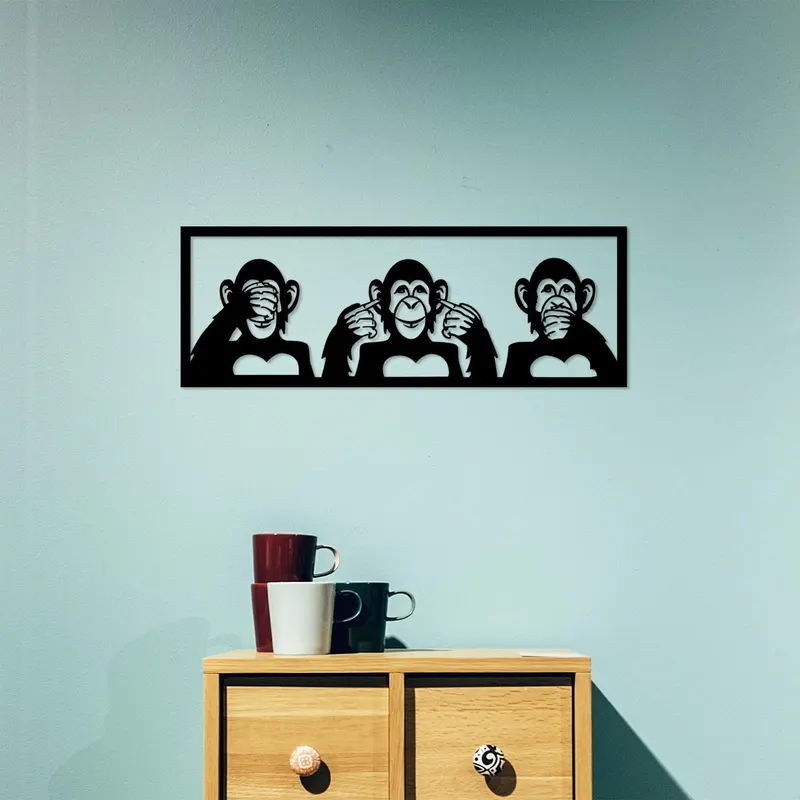 Decoratiune de perete Metal Three Monkeys - M, Negru, 25x1x70 cm - Negru