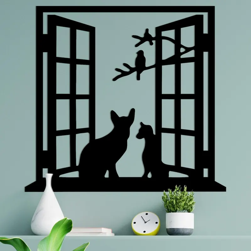 Decoratiune de perete Metal Cat In The Window, Negru, 0x92x100 cm - Negru