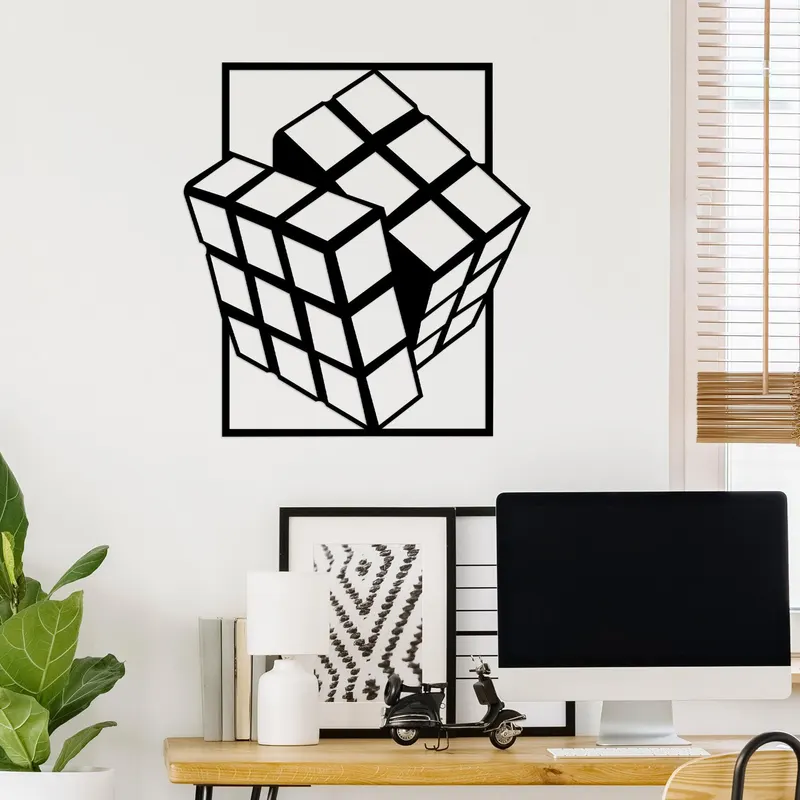 Decoratiune de perete Metal Rubik's Cube, Negru, 69x1x64 cm - Negru