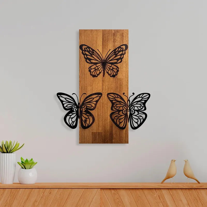 Decoratiune de perete lemn Butterflies wooden deco, Nuc, 47x58x3 cm - Multicolor