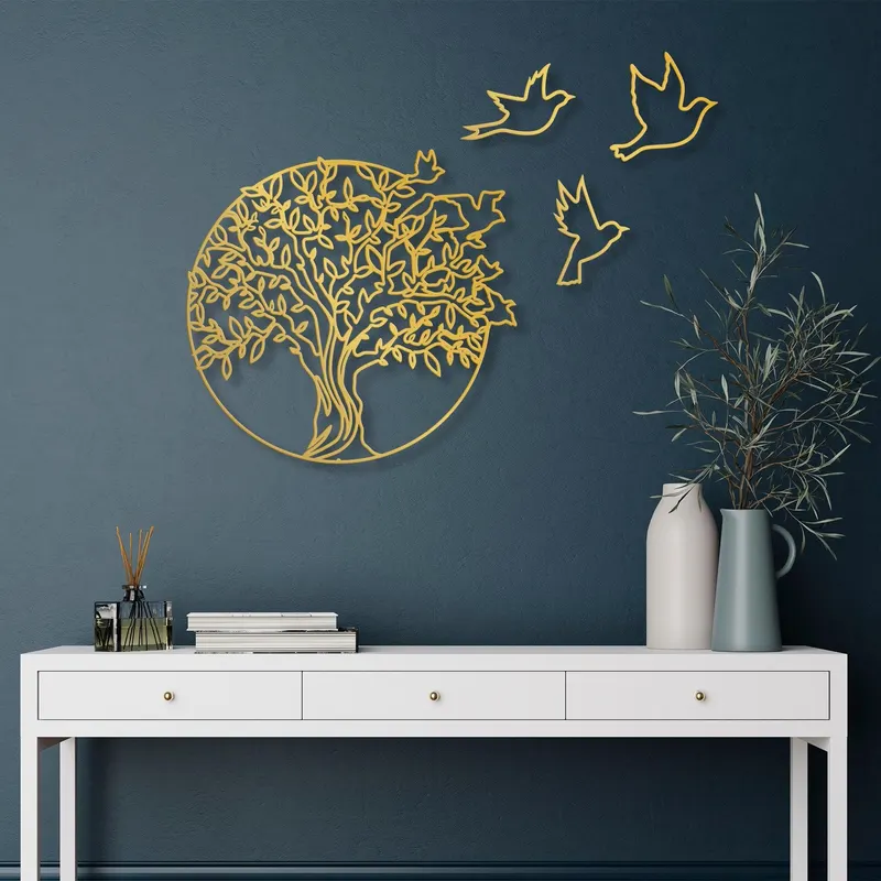 Decoratiune de perete Metal Tree And Birds_3, Negru, 56x1x61 cm - Auriu