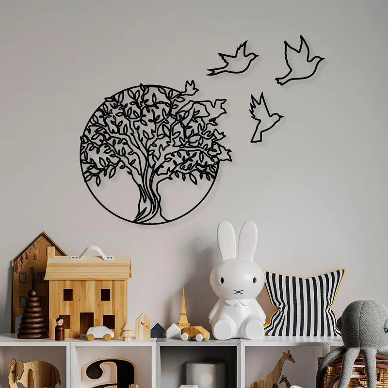 Decoratiune de perete Metal Tree And Birds_3, Negru, 56x1x61 cm - Negru