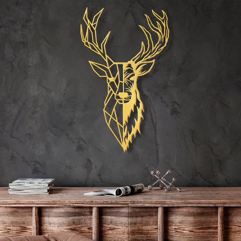 Decoratiune de perete Metal Red Deer 3, Aur, 70x1x42 cm - Auriu