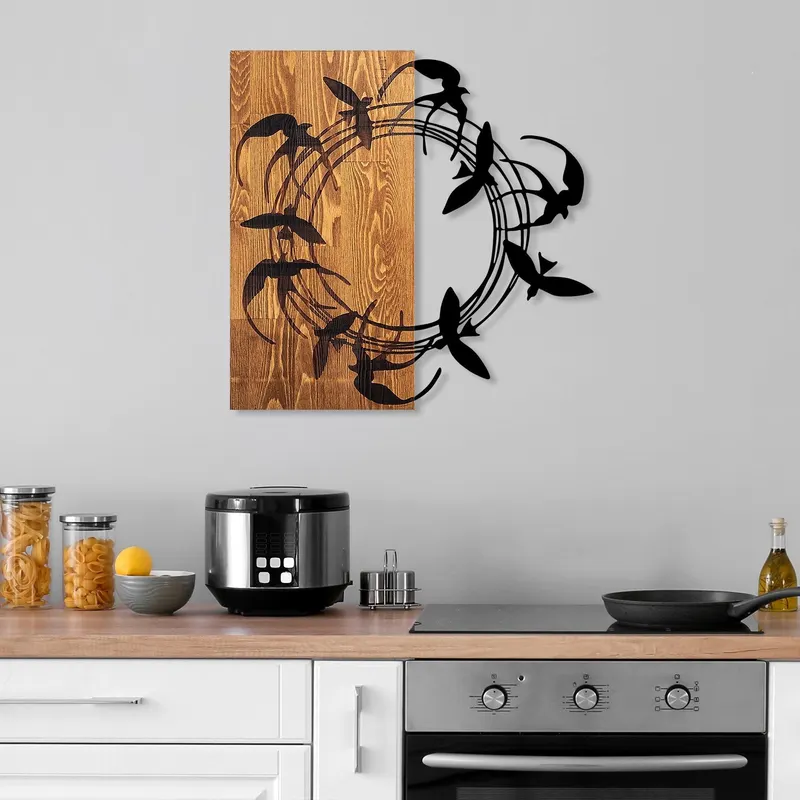 Decoratiune de perete lemn Spiral Birds, Nuc, 58x3x58 cm - Multicolor