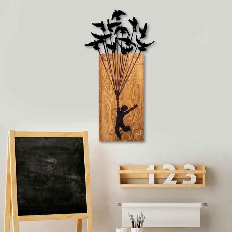 Decoratiune de perete lemn Flying Boy 1, Nuc, 86x3x45 cm - Multicolor