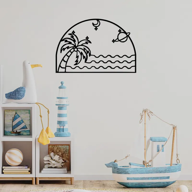 Decoratiune de perete Metal Palm Sea Moon - 451, Negru, 47x1x70 cm - Negru