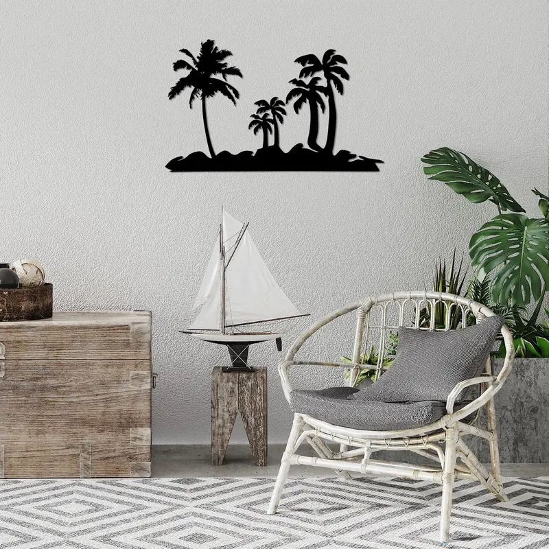 Decoratiune de perete Metal Palm Trees - 460, Negru, 42x1x70 cm - Negru
