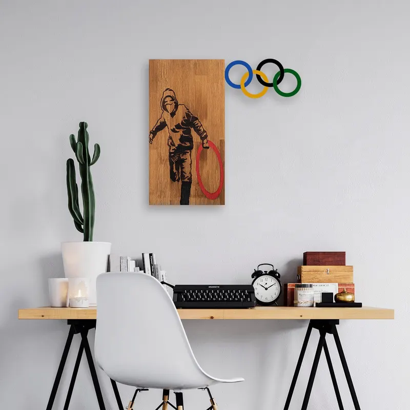 Decoratiune de perete lemn Banksy - 14, Nuc, 60x3x58 cm - Nuc